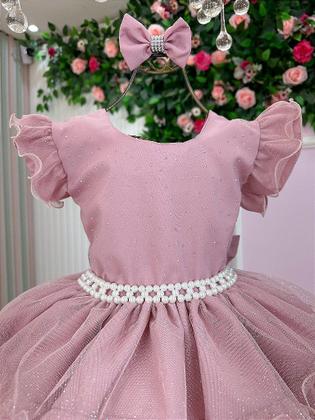 Imagem de Vestido Infantil Luxo Rose Glitter Festa com Laço Bico de Pato