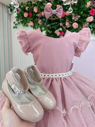 Imagem de Vestido Infantil Luxo Rose Glitter Festa com Laço Bico de Pato