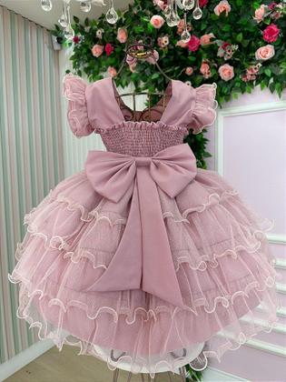 Imagem de Vestido Infantil Luxo Rose Glitter Festa com Laço Bico de Pato