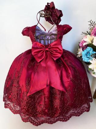 Imagem de Vestido Infantil Marsala C/ Renda Realeza e Cinto de Pérolas Super luxo festa 4610MS