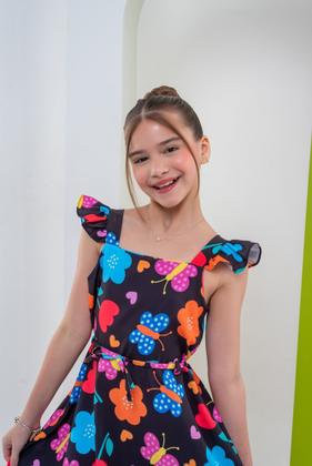 Imagem de Vestido infantil menina Preto Jardim encantado roupa juvenil neon