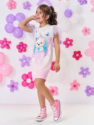 Imagem de Vestido Infantil Menina Ursinho Borboleta Rosa Mundo Cinti