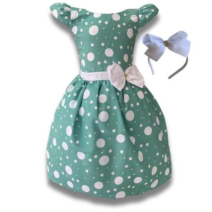 Imagem de Vestido Infantil Menina Verde C/ Poá Branco Festa + Tiara