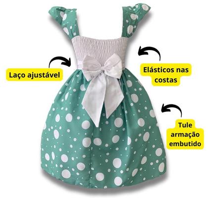 Imagem de Vestido Infantil Menina Verde C/ Poá Branco Festa + Tiara