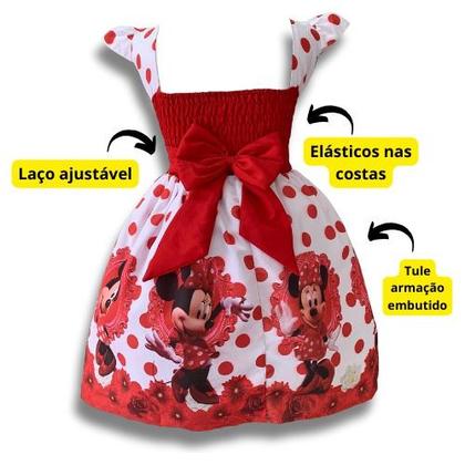 Imagem de Vestido Infantil Minnie Branco C/ Vermelho  Festa + Tiara