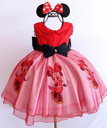 Imagem de Vestido Infantil Minnie Vermelha Luxo Para Festas Tema E Tiara