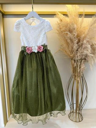 Imagem de Vestido Infantil Off White com Saia Verde Oliva para Daminha Longo