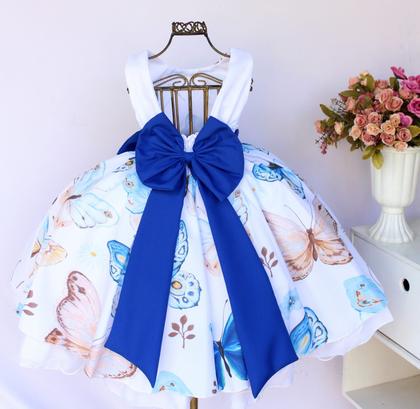 Imagem de Vestido Infantil Para Festa Jardim Encantado Azul Borboletas Luxo E Tiara