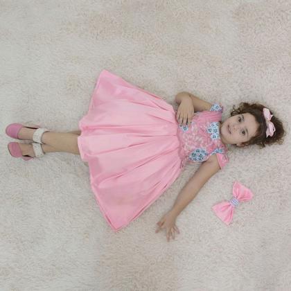 Imagem de Vestido infantil rosa bebê com tule francês com bordado floral
