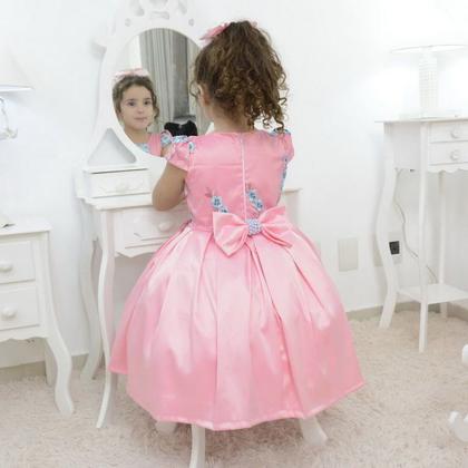 Imagem de Vestido infantil rosa bebê com tule francês com bordado floral