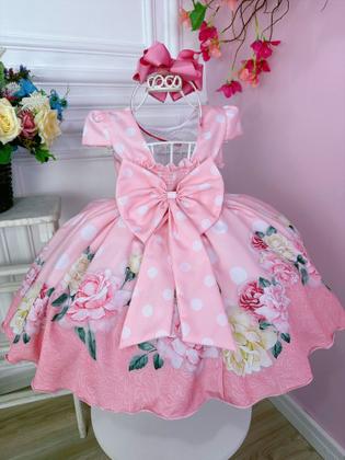 Imagem de Vestido Infantil Rosa Bebê Florido Primavera Cinto Pérolas Luxo Festa 1132RS