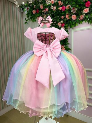 Imagem de Vestido Infantil Rosa Bebe Saia Colorida Festa Luxo