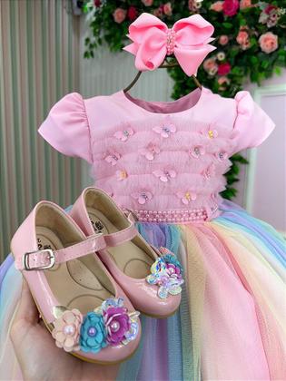 Imagem de Vestido Infantil Rosa Bebe Saia Colorida Festa Luxo