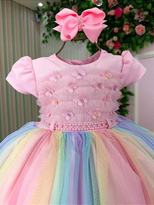 Imagem de Vestido Infantil Rosa Bebe Saia Colorida Festa Luxo