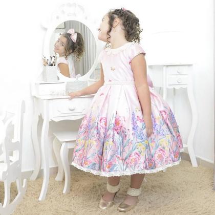 Imagem de Vestido infantil rosa floral jardim encantado com borboletas