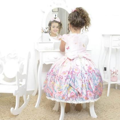 Imagem de Vestido infantil rosa floral jardim encantado com borboletas