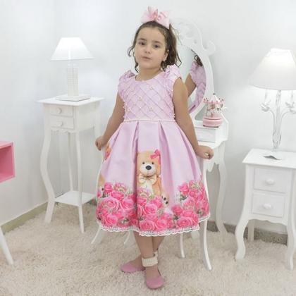 Imagem de Vestido infantil rosa jardim com ursinho de pelúcia luxuoso