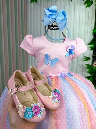 Imagem de Vestido Infantil Rosa Jardim Encantado Chuva de Amor Arco Íris - Tecido Tule e Poliéster