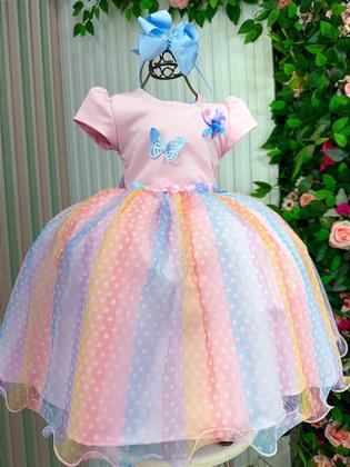 Imagem de Vestido Infantil Rosa Jardim Encantado Chuva de Amor Arco Íris - Tecido Tule e Poliéster