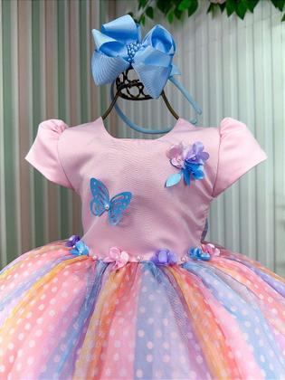 Imagem de Vestido Infantil Rosa Jardim Encantado Chuva de Amor Arco Íris - Tecido Tule e Poliéster