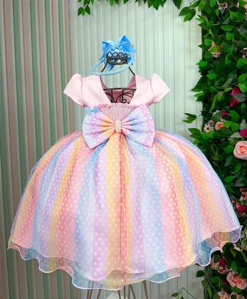 Imagem de Vestido Infantil Rosa Jardim Encantado Chuva de Amor Arco Íris - Tecido Tule e Poliéster