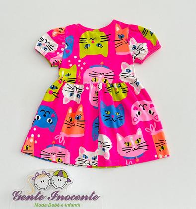Imagem de Vestido Infantil Rosa Manga Balonê Estampa Gatinhas Bimbi