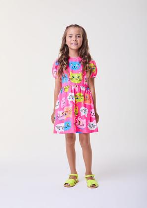 Imagem de Vestido Infantil Rosa Manga Balonê Estampa Gatinhas Bimbi
