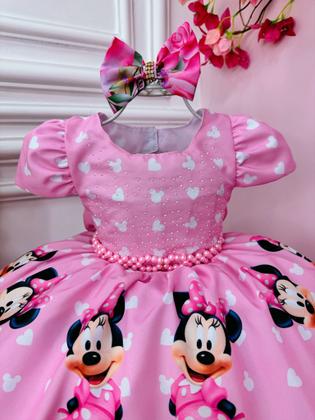 Imagem de Vestido Infantil Rosa Minnie C/ Laço e Busto Strass Luxo festa  RO1056RA