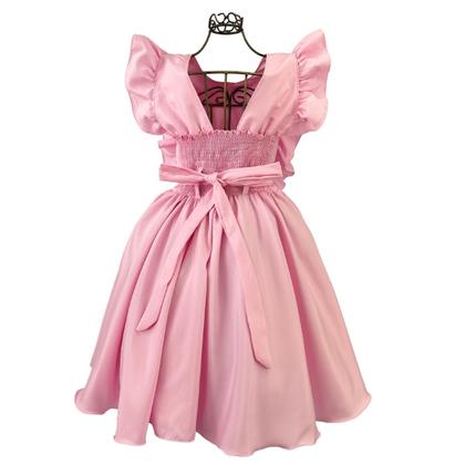 Imagem de Vestido Infantil Rosa Princesa Manga Borboleta Com Babado Rodado Festivo Casamento