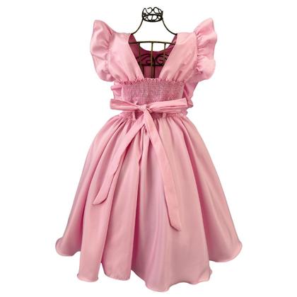 Imagem de Vestido Infantil Rosa Princesa Manga Borboleta Com Babado Rodado Festivo Casamento