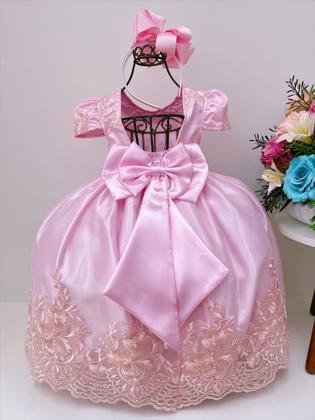 Imagem de Vestido Infantil Rosa Rendado Casamento Damas  Festa Luxo Pérolas