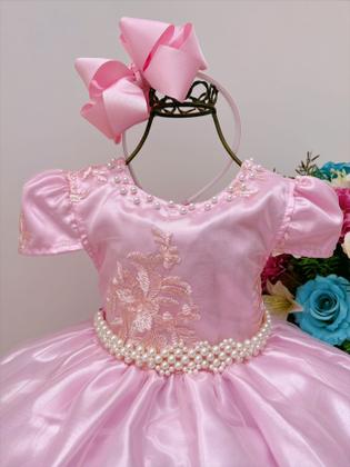 Imagem de Vestido Infantil Rosa Rendado Casamento Damas  Festa Luxo Pérolas