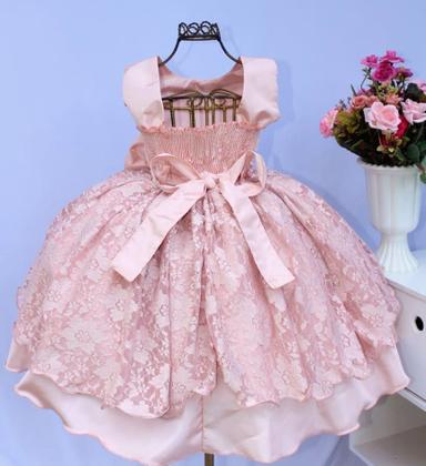 Imagem de Vestido Infantil Rose Renda Princesa Luxo E Tiara