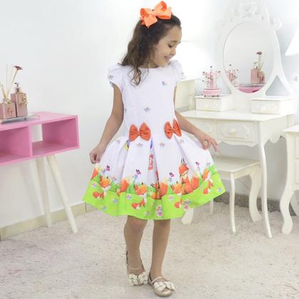 Imagem de Vestido Infantil Tema Raposa + Raposinha Pelúcia Bolsa