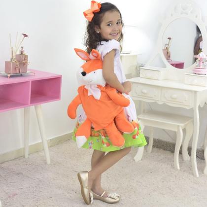 Imagem de Vestido Infantil Tema Raposa + Raposinha Pelúcia Bolsa