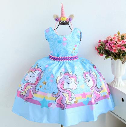 Imagem de Vestido Infantil Unicórnio Azul Luxo E Tiara Chifrinho