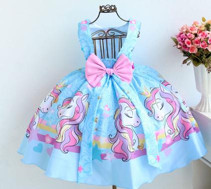 Imagem de Vestido Infantil Unicórnio Azul Luxo E Tiara Chifrinho