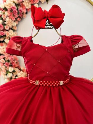 Imagem de Vestido Infantil Vermelho C/ Busto Nervura C/ Pérolas Damas Luxo Festa 2782VM