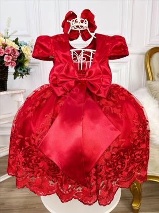 Imagem de Vestido Infantil Vermelho Com Renda Realeza Cinto de Pérolas super luxo festa 2186VM