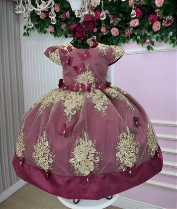 Imagem de Vestido Jardim Encantado Marsala com Dourado para Festa Infantil Marcelina