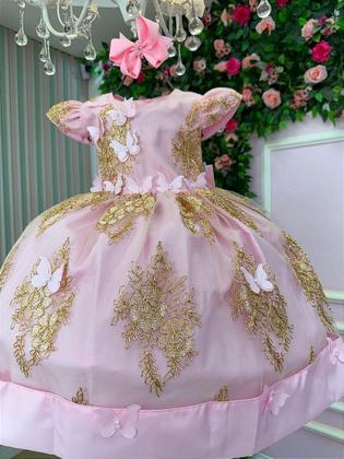 Imagem de Vestido Jardim Encantado Rosa Bebê com Dourado para Festa Infantil Marcelina - Elegante e Charmoso