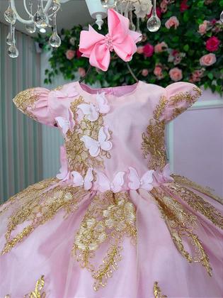 Imagem de Vestido Jardim Encantado Rosa Bebê com Dourado para Festa Infantil Marcelina - Elegante e Charmoso