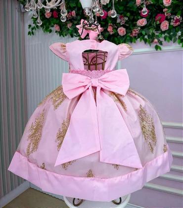 Imagem de Vestido Jardim Encantado Rosa Bebê com Dourado para Festa Infantil Marcelina - Elegante e Charmoso