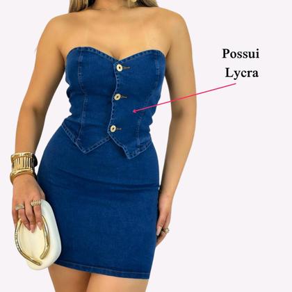 Imagem de Vestido Jeans Feminino Com Moda De Lycra Curto Zíper E Botão Em sem alça Feminina Curta