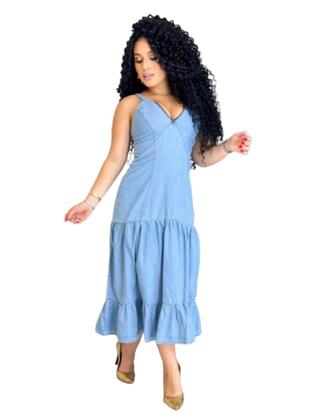 Imagem de Vestido jeans  midi com babados e alçinhas