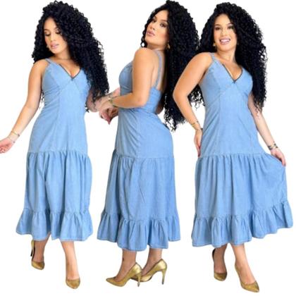 Imagem de Vestido jeans  midi com babados e alçinhas