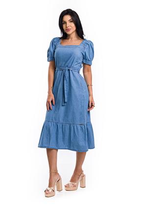 Imagem de Vestido Jeans Midi de Manga Com Faixa na Cintura