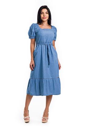 Imagem de Vestido Jeans Midi de Manga Com Faixa na Cintura