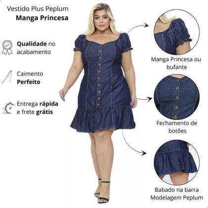 Imagem de Vestido Jeans Peplum Moda Maior Evangélica Sem Lycra Midi Plus Size Jovial Manga Presente Natal G3