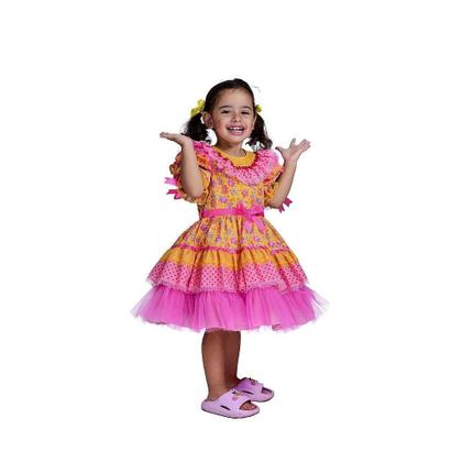 Imagem de Vestido Junino Bambolê Floral Amarelo Com Tulê Rosa